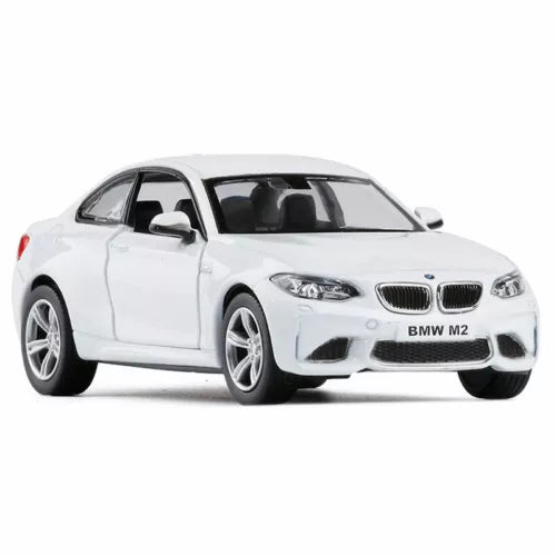 White BMW M2 1:36 diecast pull-back model car with open front grille detail