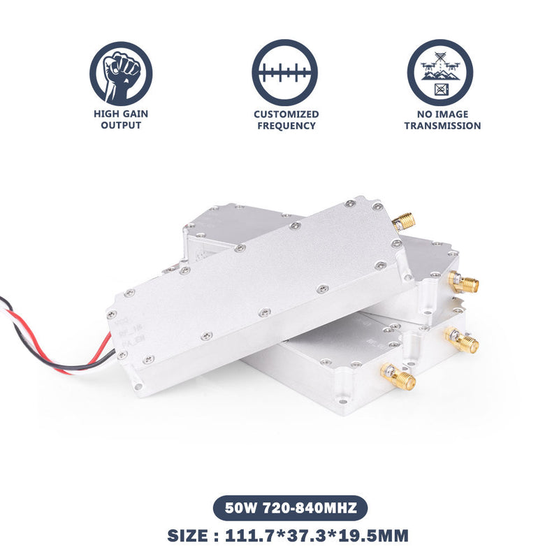RF interference power amplifier module, 50W 720–840MHz, metal enclosure with RF ports