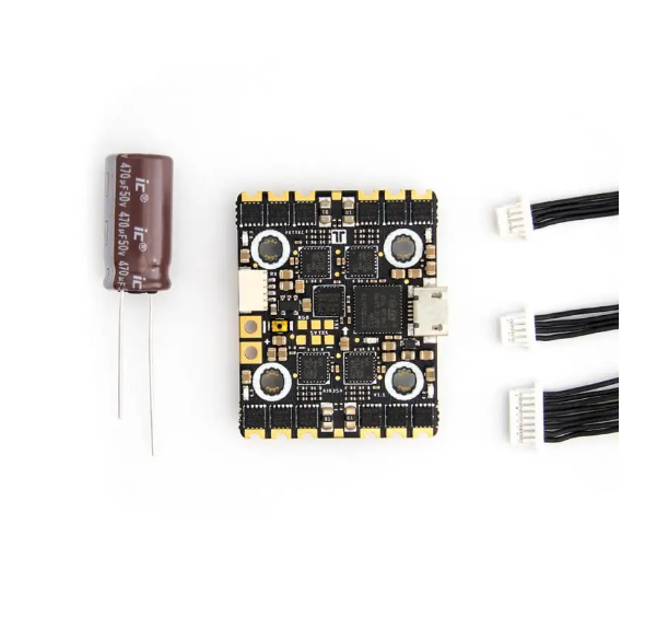 FPV flight controller PCB with four mounting holes and three white connector cables