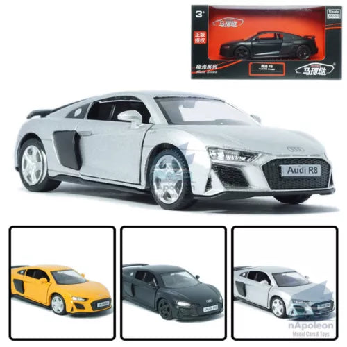 Silver Audi R8 coupe alloy diecast model car, front 3/4 view with black accents
