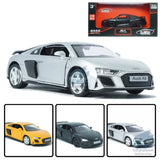 Silver Audi R8 coupe alloy diecast model car, front 3/4 view with black accents