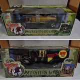 Diecast metal vehicle in retail display box with illustrated Monster graphic