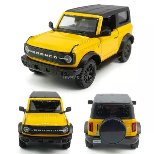 Ford Bronco diecast model car toy, yellow with black roof and grille, front and rear views