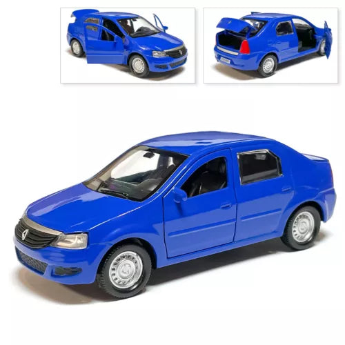 Renault Logan blue diecast car model, front three-quarter side view