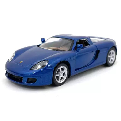 Blue diecast model car with silver wheels and detailed headlights