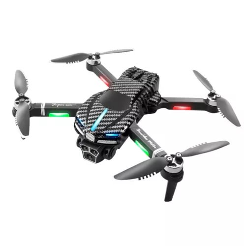 Quadcopter toy drone with four propellers, black and gray body, blue and green LED lights