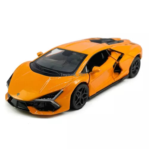 Orange diecast model car with black accents, front three-quarter view