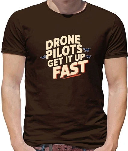 Men's dark brown T-shirt with DRONE PILOTS GET IT UP FAST front print