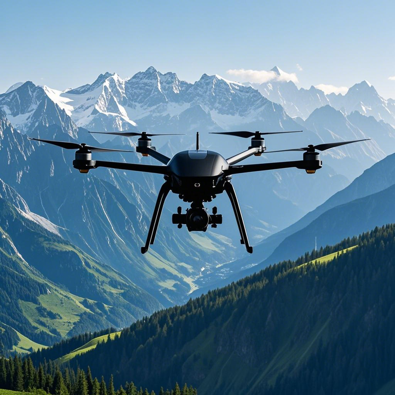 Black quadcopter drone with camera and four propellers