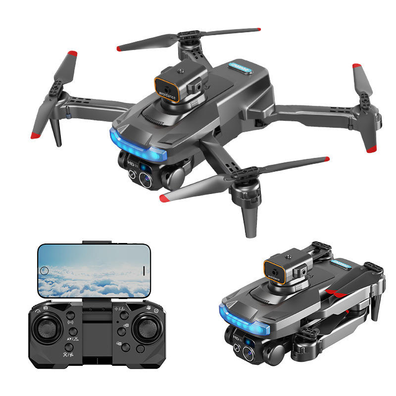 Gray mini quadcopter drone with foldable arms, four rotors, and dual cameras, plus controller