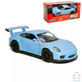 Porsche 911 GT3 RS diecast model car, light blue with black wheels, front 3/4 view