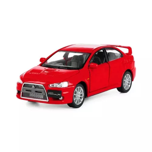 Red 1:36 scale Mitsubishi Lancer toy diecast car, front 3/4 view