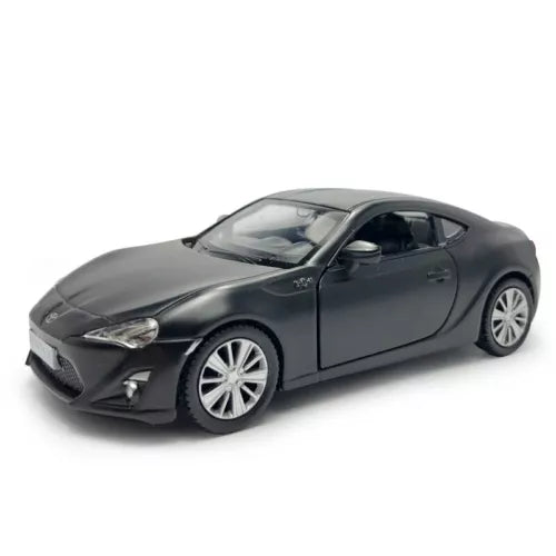 Black 1:36 scale diecast pull-back model car with detailed wheels and headlights