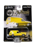 Yellow diecast panel van in clear blister package, black wheels, Holden logo