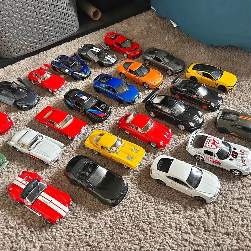 1/36 scale diecast car assortment, mixed colors: red, blue, yellow, orange
