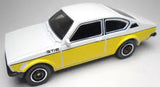 Diecast coupe car in white and yellow with black windows, side view.