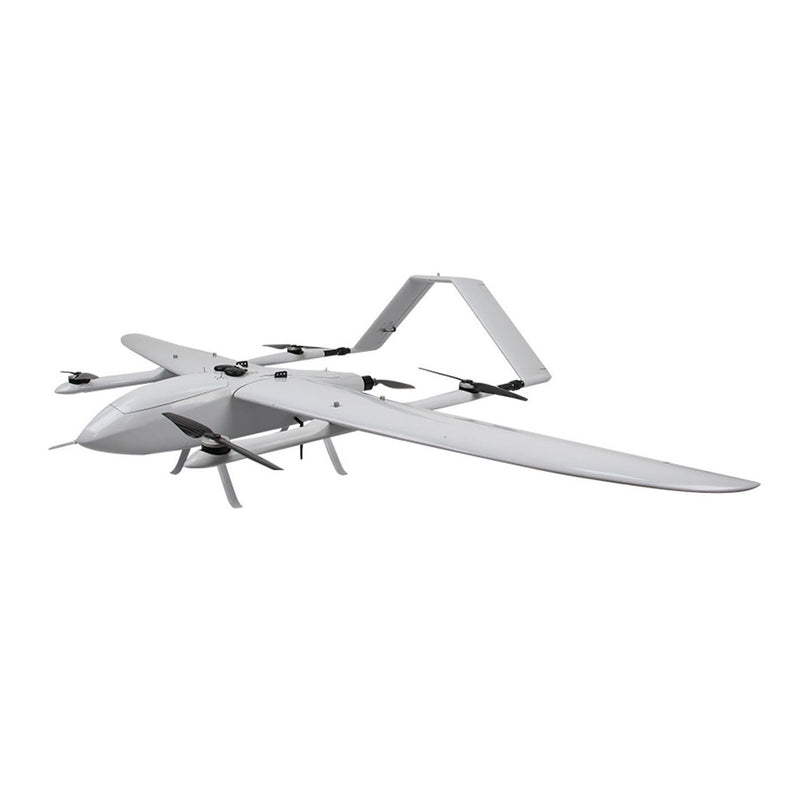 White fixed-wing drone with rotor pods and landing gear