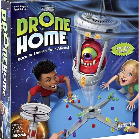 Drone Home board game box with cartoon space characters and flying drone illustration