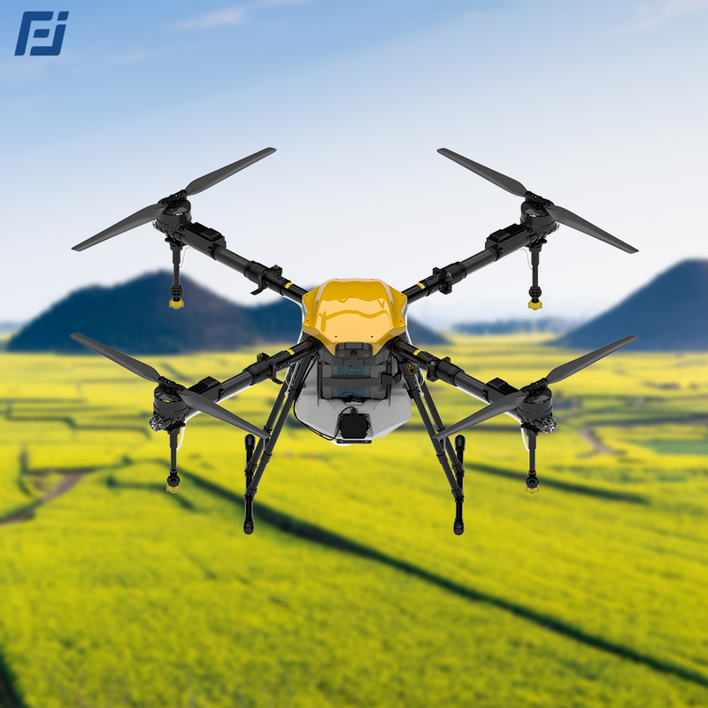 Quadcopter drone with yellow front housing and four spinning propellers, black frame