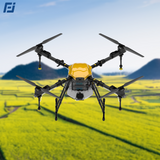 Quadcopter drone with yellow front housing and four spinning propellers, black frame