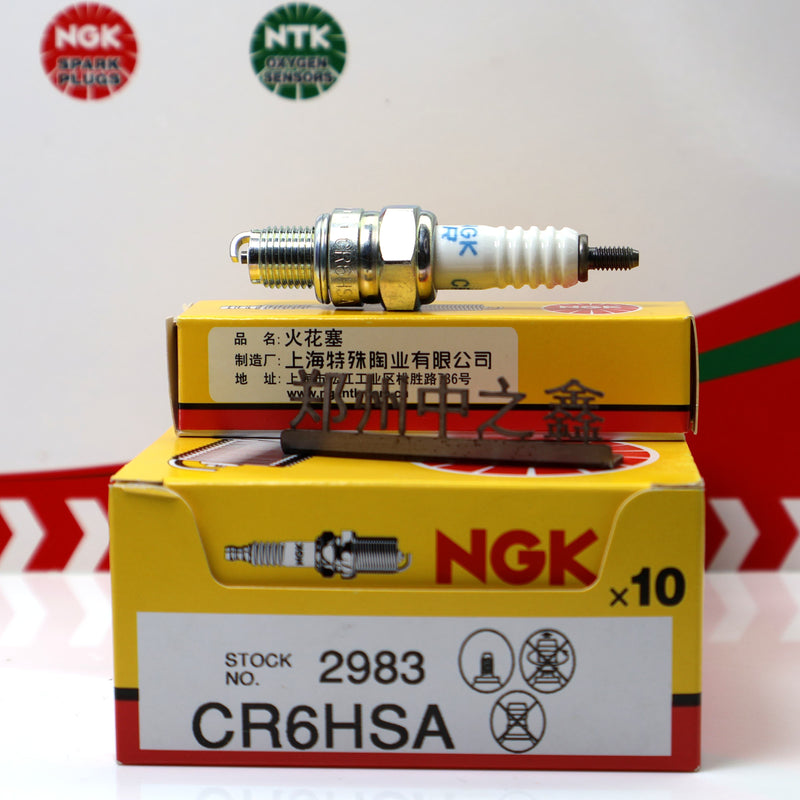 Spark plug with metal tip and yellow NGK packaging box, stock 2983 CR6HSA