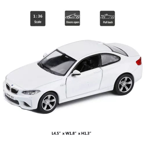 1:36 scale BMW M2 white diecast model car with pull-back action, front 3/4 view