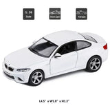 1:36 scale BMW M2 white diecast model car with pull-back action, front 3/4 view