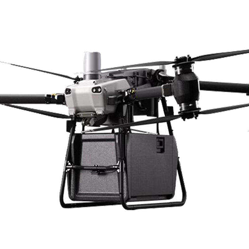 Quadcopter drone with front cargo crate and 4 propellers