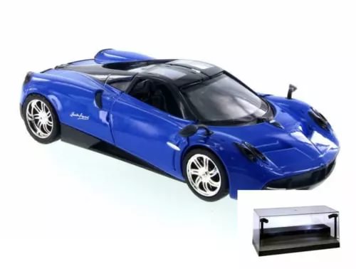 Blue die-cast sports car model with clear LED display case