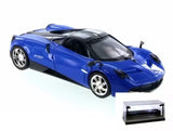 Blue die-cast sports car model with clear LED display case
