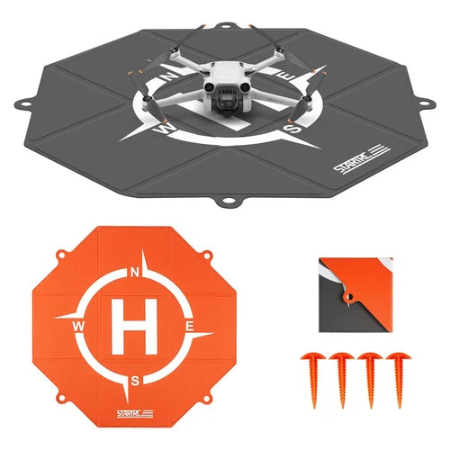 Drone landing pad, orange hexagonal helipad with large H logo and mounting holes