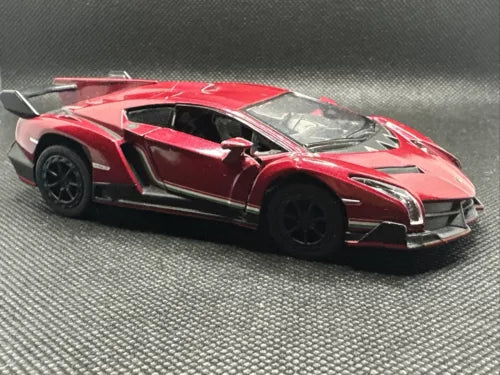 Red diecast Lamborghini Veneno model car with raised door, 1:36 scale