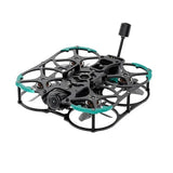 FPV cinewhoop drone with teal-and-black frame, front camera, prop guards