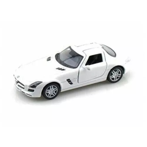 White Mercedes Benz SLS AMG diecast toy car, black details, 1:36 scale, front view