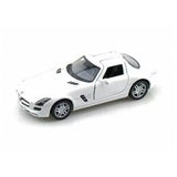 White Mercedes Benz SLS AMG diecast toy car, black details, 1:36 scale, front view