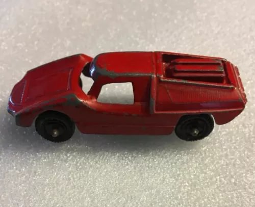 Red diecast toy model car with black wheels, side view