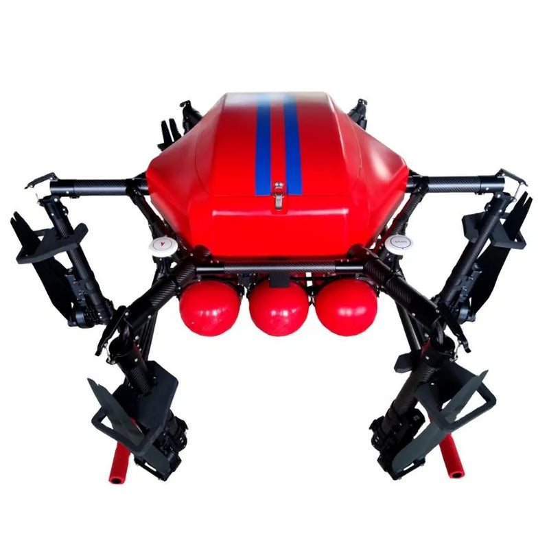 Red multi-rotor drone with four arms and propellers, blue stripe panel and front lights