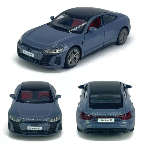 Gray diecast metal model car with front and rear views, 1:36 scale, sports EV