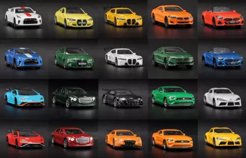 Set of 1:64 diecast car display models, assorted colors and styles.