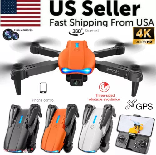 Orange quadcopter drone with four rotors and camera gimbal