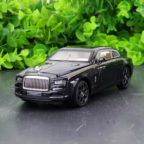Black Rolls Royce Wraith diecast car model, front 3/4 view with chrome grille