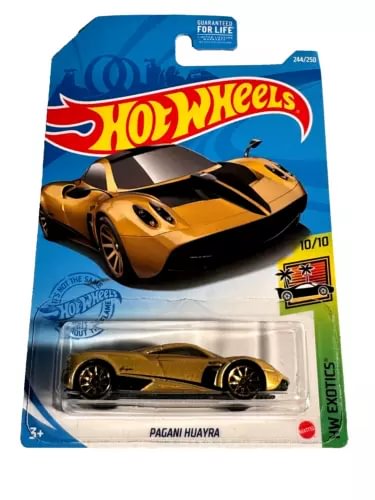 Gold and black Pagani Huayra die-cast car in Hot Wheels blister pack, 244/250