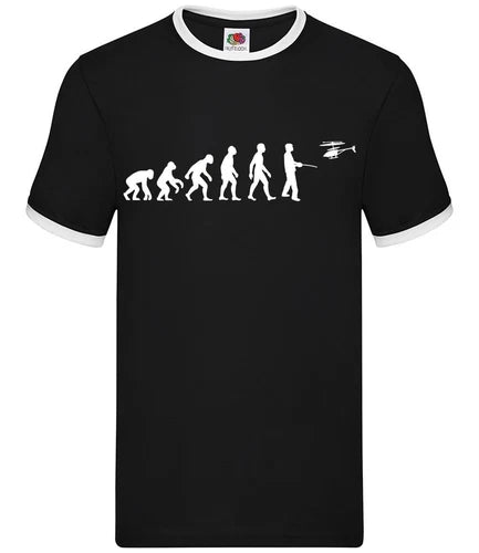 Men's ringer T-shirt, black with white evolution graphic and small helicopter print
