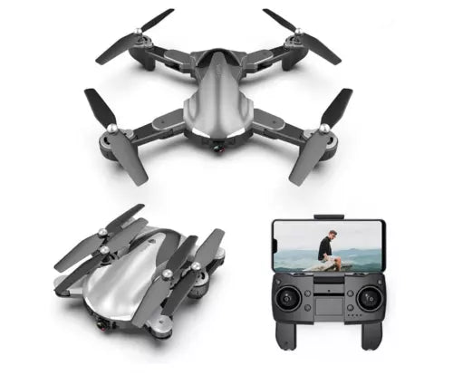 Quadcopter drone with camera and remote controller, dark gray