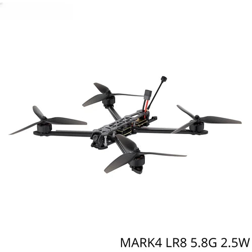 Black RC quadcopter drone with four propellers and central frame