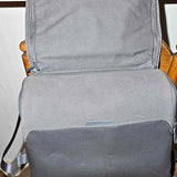 Grey padded drone transport bag with zippered front pocket and adjustable strap