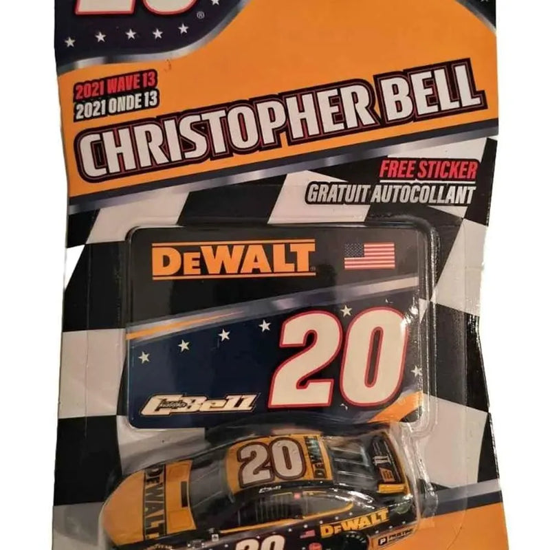 Diecast race car #20 in retail blister packaging, Dewalt orange and dark blue