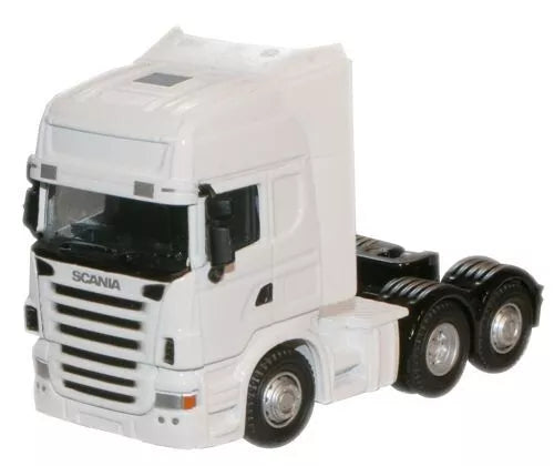 Diecast Oxford 1/76 Scania cab truck model with white cab and black chassis