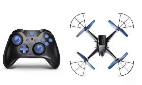 Quadcopter drone with blue propellers and black game controller with buttons