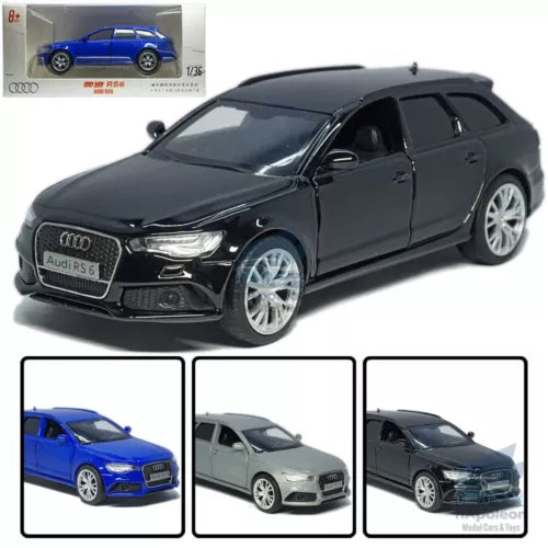 Audi RS6 Avant diecast model car, black, front three-quarter view.
